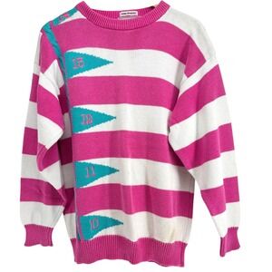 Vintage IZOD Club Hand Intarsia Striped Sweater Golf Back Nine Women M Retro